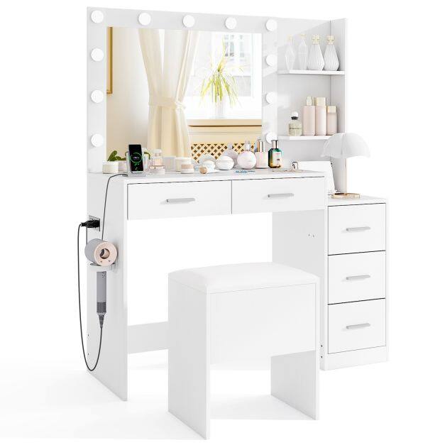 Costway Vanity Desk with Mirror and Lights 5 Drawers Makeup Table Set with Storage Stool-White Costway Vanity Desk with Mirror and Lights 5 Drawers Makeup Table Set with Storage Stool-White