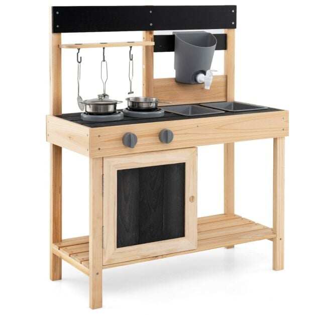 Outdoor Kids Pretend Play Kitchen with 2 Removable Sinks-Natural Outdoor Kids Pretend Play Kitchen with 2 Removable Sinks-Natural