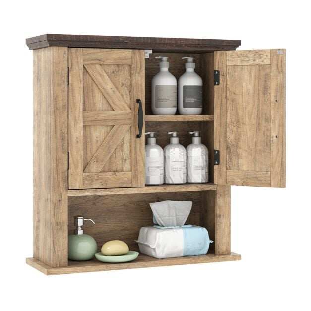 Costway Wall cabinet with adjustable shelves & doors & open storage compartment, natural finish Costway Wall cabinet with adjustable shelves & doors & open storage compartment, natural finish