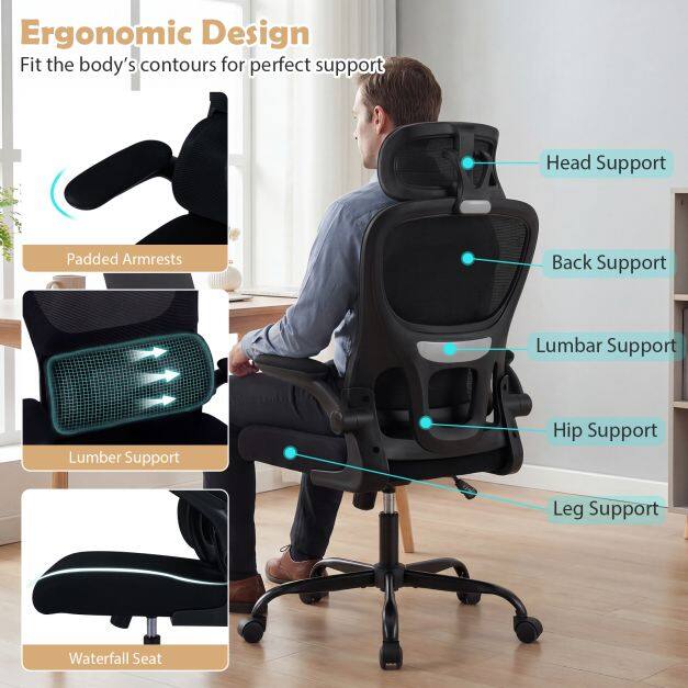 Ergonoomiline kontoritool, kõrge seljatoega võrgust kontoritool nimmetoega, reguleeritava peatoe ja kokkupandavate käetugedega, must