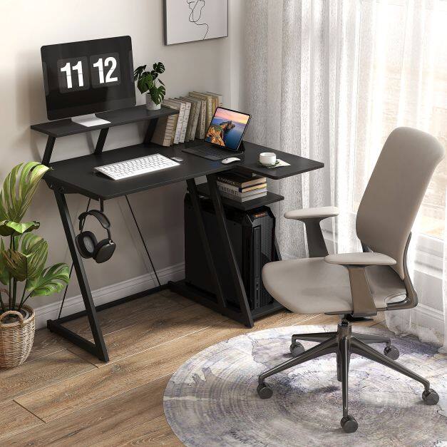 L-Shaped Gaming Desk with Outlets USB Ports and Monitor Shelf-Black