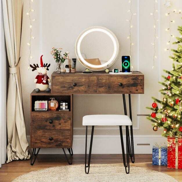 Makeup Vanity Desk with Rotatable Mirror and 4 Pull-out Drawers-Rustic Brown