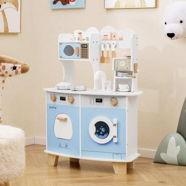 Costway Wooden Kids Kitchen Playset Play Kitchen with Coffee Maker for 3+ Years Old-Blue
