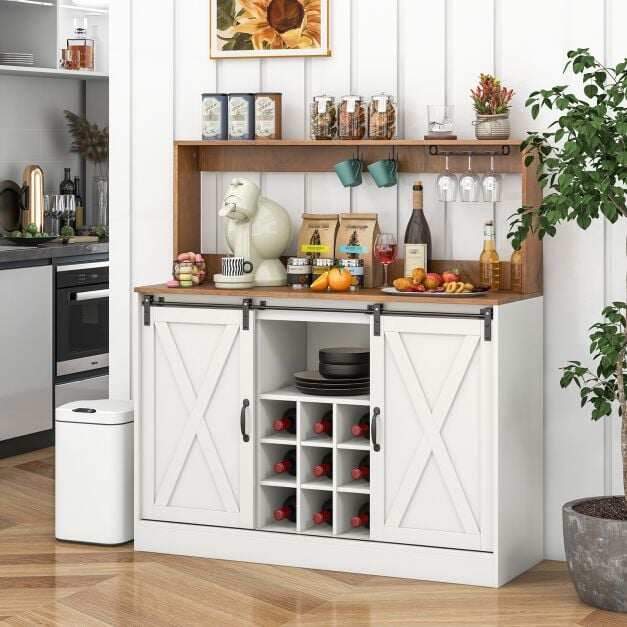 Coffee Bar Cabinet with Charging Station and Sliding Barn Doors-White Coffee Bar Cabinet with Charging Station and Sliding Barn Doors-White