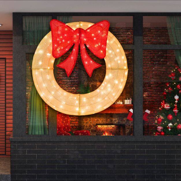Pre-Lit Christmas Wreath with 200 LED Lights and Red Bow Pre-Lit Christmas Wreath with 200 LED Lights and Red Bow