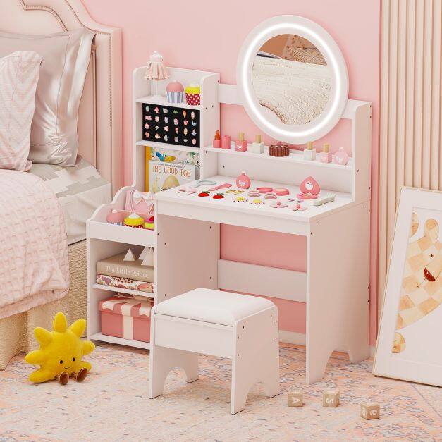 Children's Dressing Table with Mirror & Lights, Princess Makeup Table with Open Shelves and Ring Holders, White