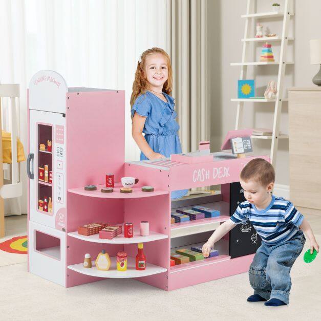 Wooden Supermarket Play Toy Set with Cash Register and POS Machine-Pink Wooden Supermarket Play Toy Set with Cash Register and POS Machine-Pink