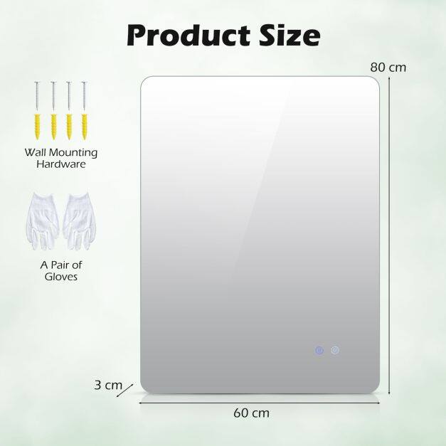 Ristkülikukujuline LED-vannitoa peegel reguleeritava heledusega, taustvalgustusega, puutetundliku ekraaniga, uduvastase karastatud klaasiga, 80 x 60 cm
