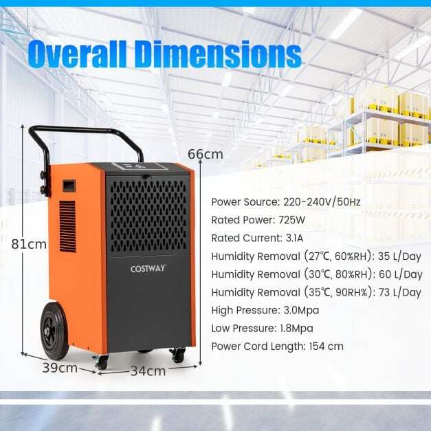 73 L/Day Commercial Dehumidifier with Drain Hose and Timer-Orange 73 L/Day Commercial Dehumidifier with Drain Hose and Timer-Orange