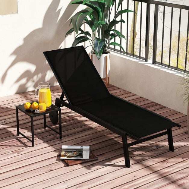 Sun lounger with wheels & side table, garden lounger with adjustable backrest & black fabric