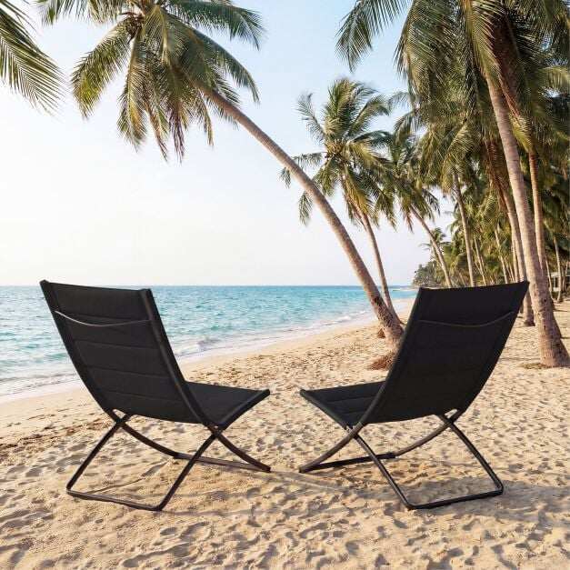 Set of 2 Folding Beach Chairs, Folding Camping Chairs with Backrests, Padded Seats, Metal Frame, Portable and Lightweight, Black Set of 2 Folding Beach Chairs, Folding Camping Chairs with Backrests, Padded Seats, Metal Frame, Portable and Lightweight, Black