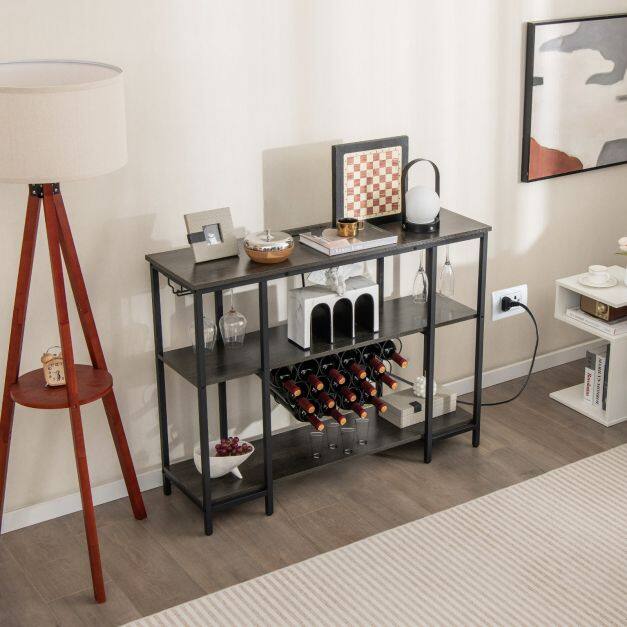 Wine Bar Cabinet Wine Rack with Bottle Racks and Storage Shelves-Grey Wine Bar Cabinet Wine Rack with Bottle Racks and Storage Shelves-Grey