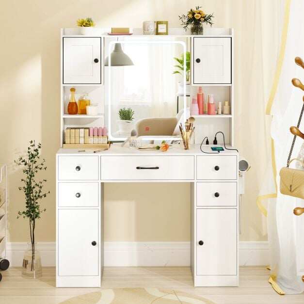 Makeup Vanity Desk with Lighted Mirror and Charging Station-White Makeup Vanity Desk with Lighted Mirror and Charging Station-White