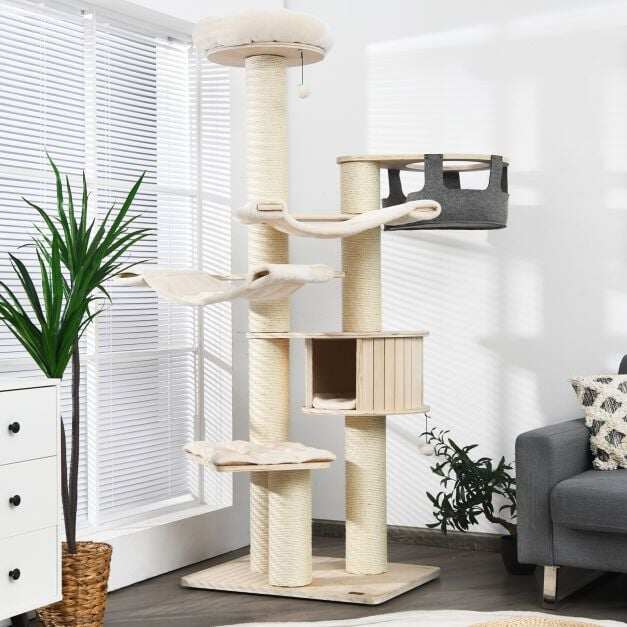 197 cm mitmetasandiline kassipuu, kassitorn mängimiseks ja puhkamiseks - kreemvalge