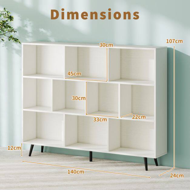 10 kuubikuga raamaturiiul, 140 cm, kesksajandi moodne hoiukorraldaja, 5 koonilise metalljalaga – valge