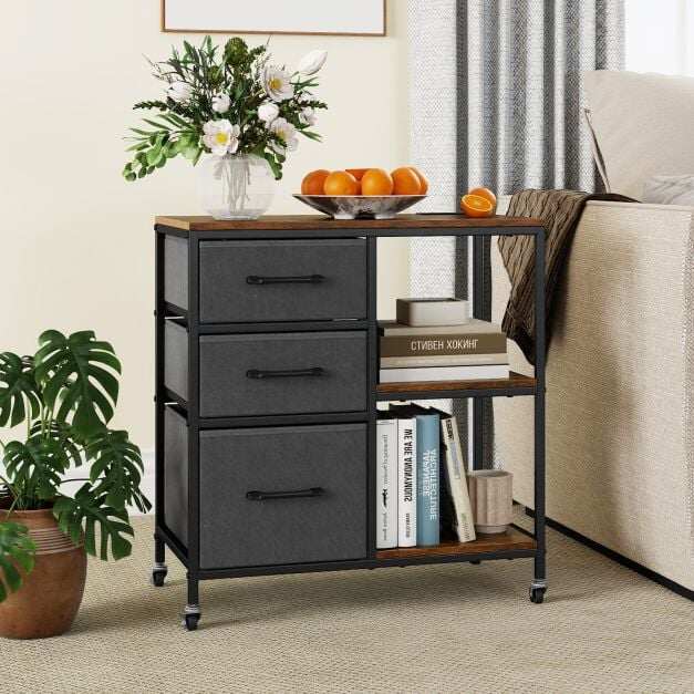 3 Drawer Wooden Mobile File Cabinet with Open Storage Shelves-Rusticbrown 3 Drawer Wooden Mobile File Cabinet with Open Storage Shelves-Rusticbrown