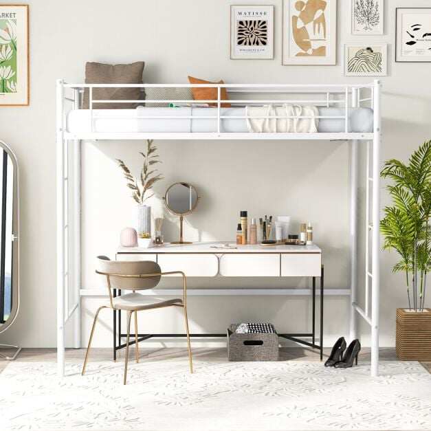 Metal Space-saving Loft Bed Frame with Full-length Safety Guardrail-White Metal Space-saving Loft Bed Frame with Full-length Safety Guardrail-White