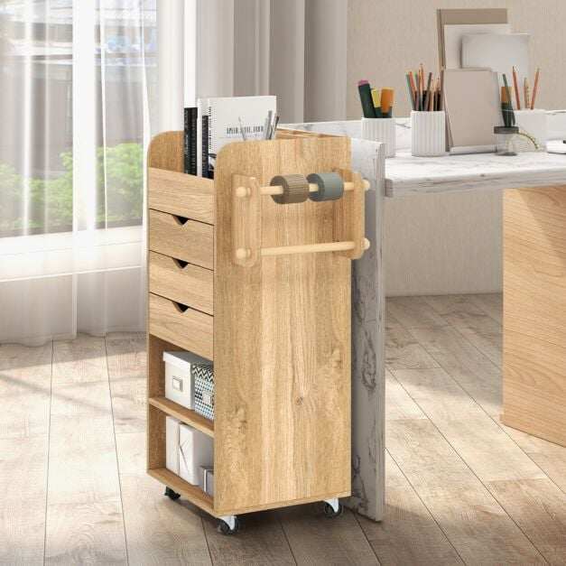 Mobiilne ratastel hoiukäru 3 sahtli, 2 riiuli ja 2 tüübliga - naturaalne