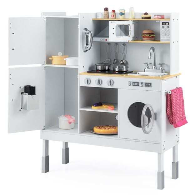 Puidust lasteköök 16 mängutarvikuga lastele vanuses 3 aastat ja vanemad. 83 x 29 x 103 cm, valge.