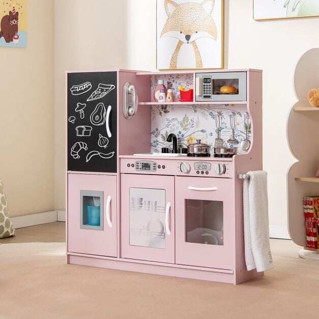 Toddler Pretend Kitchen Playset with Accessories and Simulated Sounds-Cream Pink Toddler Pretend Kitchen Playset with Accessories and Simulated Sounds-Cream Pink