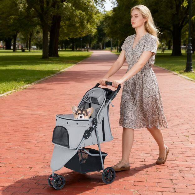 One-Click Folding Pet Stroller Lightweight Cat Strolling Cart with Adjustable Canopy-Gray One-Click Folding Pet Stroller Lightweight Cat Strolling Cart with Adjustable Canopy-Gray