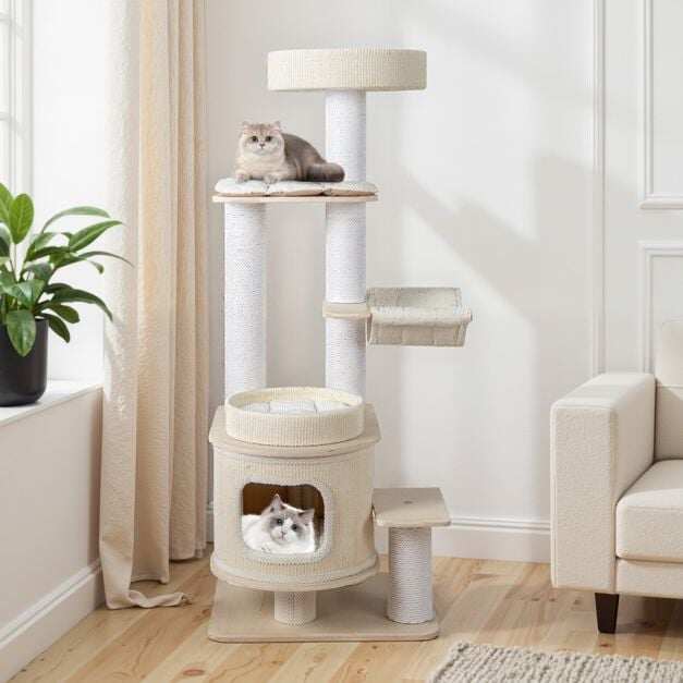 151 CM Modern Cat Tree Multi-level Cat Tower with Comfy Padded Top Perch-White 151 CM Modern Cat Tree Multi-level Cat Tower with Comfy Padded Top Perch-White