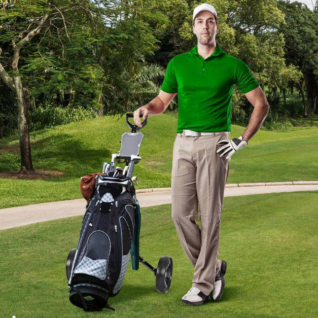 Kokkupandav kahe rattaga kokkupandav golfikäru tulemustabeliga - must