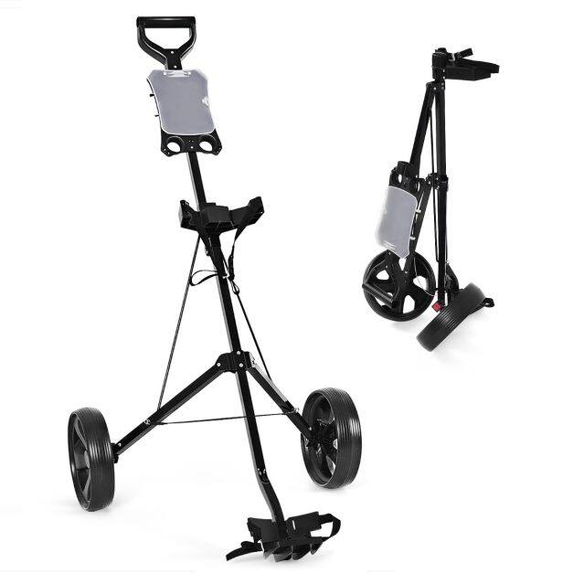 Kokkupandav kahe rattaga kokkupandav golfikäru tulemustabeliga - must