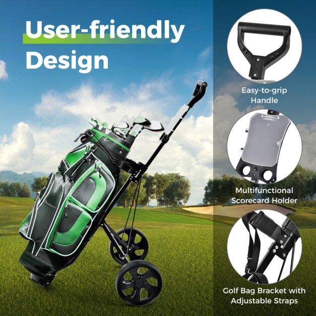 Kokkupandav kahe rattaga kokkupandav golfikäru tulemustabeliga - must