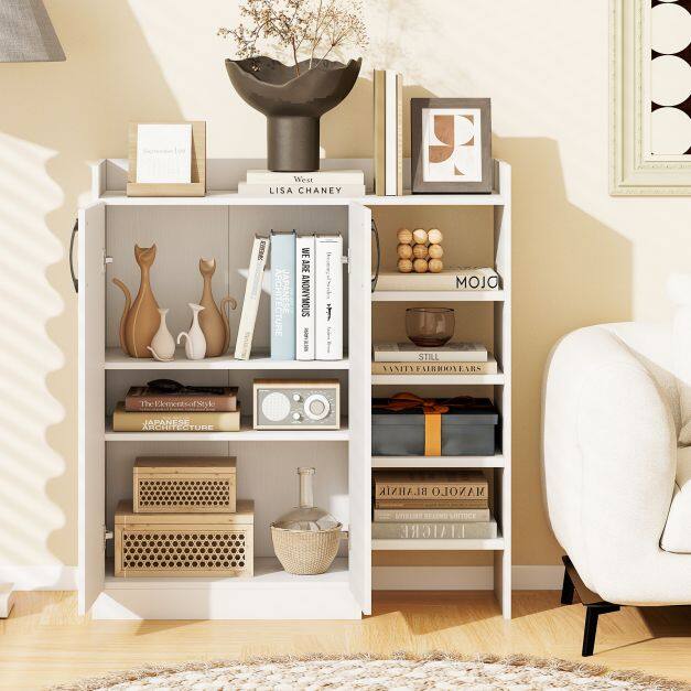2-Door Multifunctional Shoe Cabinet with Adjustable Shelves (3 Positions) and 5 Open Compartments – White 2-Door Multifunctional Shoe Cabinet with Adjustable Shelves (3 Positions) and 5 Open Compartments – White
