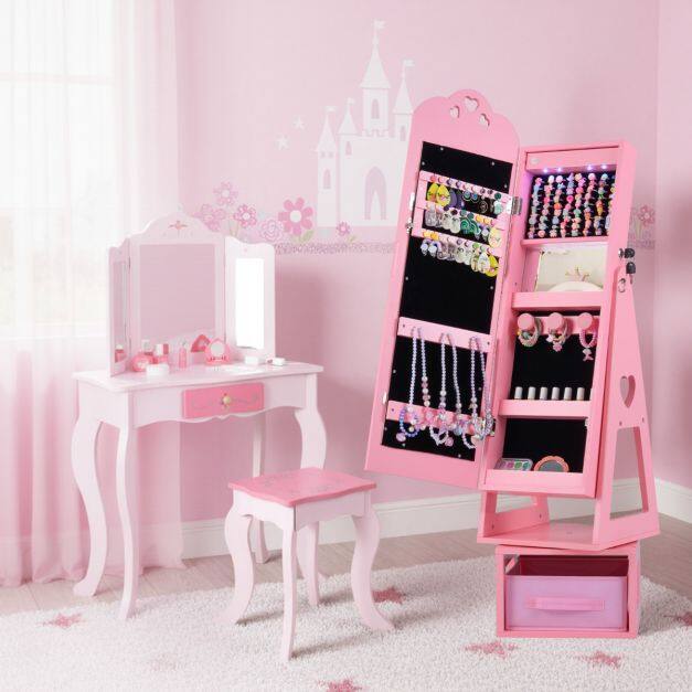 Swivel Kids Jewelry Cabinet with Full-Length Mirror and Lights-Pink