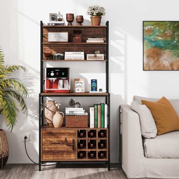 Bakers Rack with Power Outlet and Heavy-Duty Metal Frame-Reddish Brown Bakers Rack with Power Outlet and Heavy-Duty Metal Frame-Reddish Brown