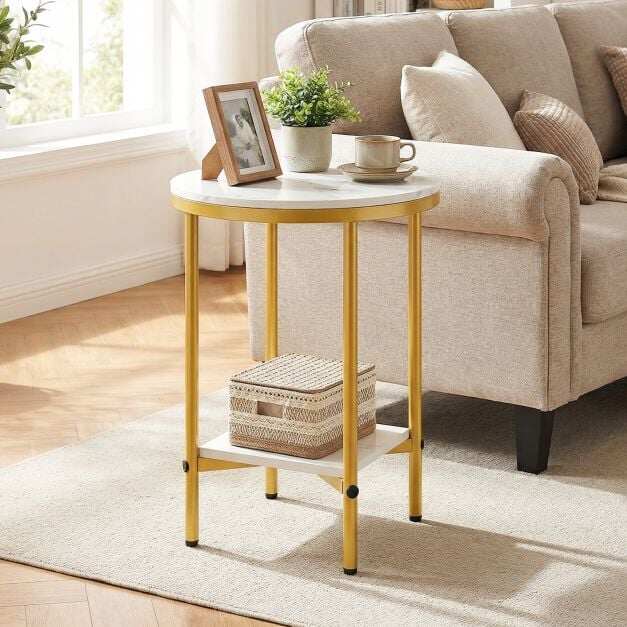 2-tier round coffee table 40.5 cm side table with white marble look & storage surface White + Gold