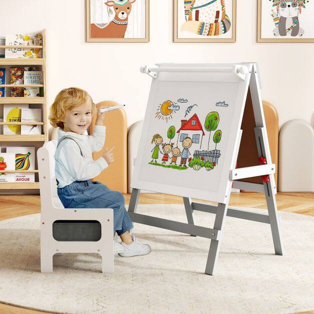 Children's easel with chair, height-adjustable children's chalkboard with chalkboard & whiteboard, grey Children's easel with chair, height-adjustable children's chalkboard with chalkboard & whiteboard, grey