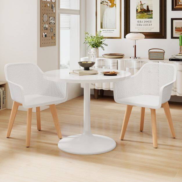 Set of 2 Modern Plastic Dining Chairs, Kitchen Chairs with Wooden Legs, Breathable Backrest, Wide Seat, White