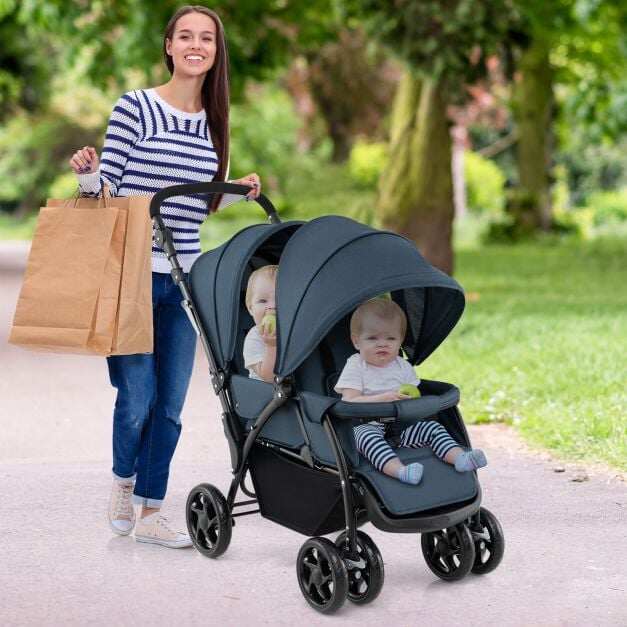 Double Pushchair with Adjustable Backrest and Sunshade-Blue Double Pushchair with Adjustable Backrest and Sunshade-Blue