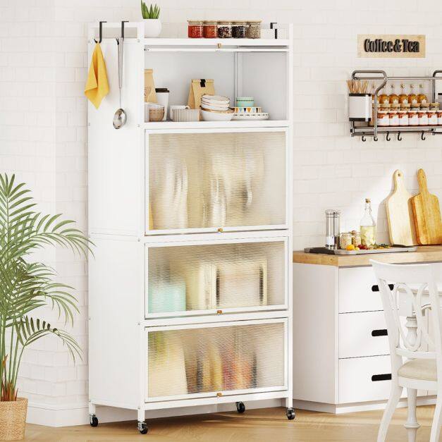 1.6 m Tall Freestanding Metal Pantry with 4 Flip-up Doors and 5-Tier-White