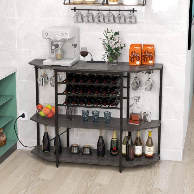 Wine Bar Cabinet 3-Tier Wine Rack with Shelves and Glass Holders-Grey Wine Bar Cabinet 3-Tier Wine Rack with Shelves and Glass Holders-Grey