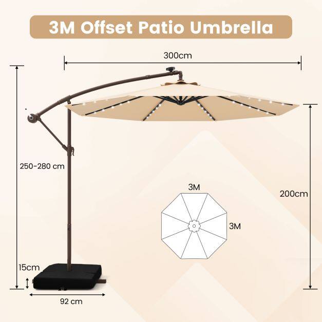 300 cm rippuv nihkega vihmavari 40 LED-tulega, päikesepaneelide ja patareidega - beež