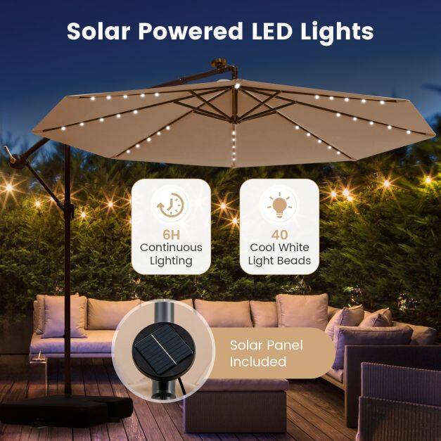 300 cm rippuv nihkega vihmavari 40 LED-tulega, päikesepaneelide ja patareidega - beež
