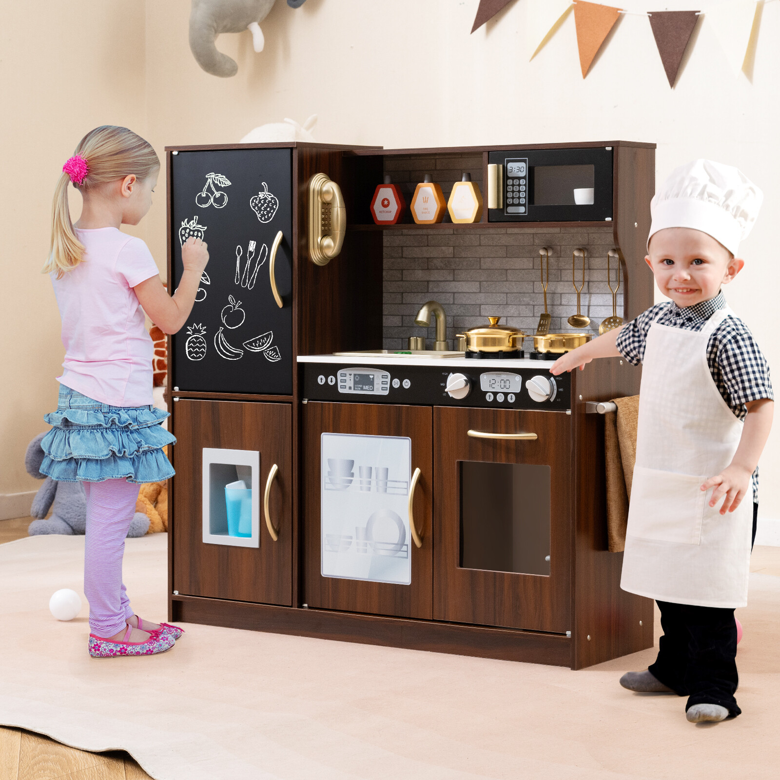 Toddler Pretend Play Kitchen for Boys and Girls 3-6 Years Old-Brown Toddler Pretend Play Kitchen for Boys and Girls 3-6 Years Old-Brown