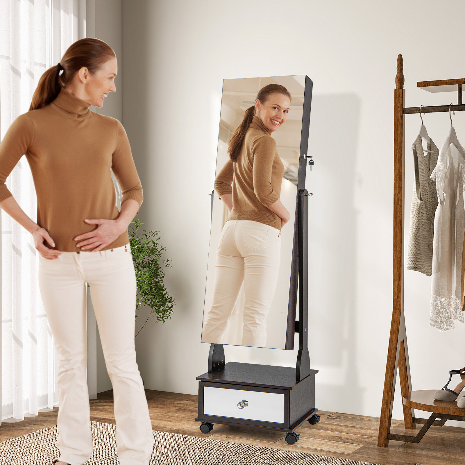 119 cm lukustatav ehtekapp 3-värviliste LED-tuledega - pruun