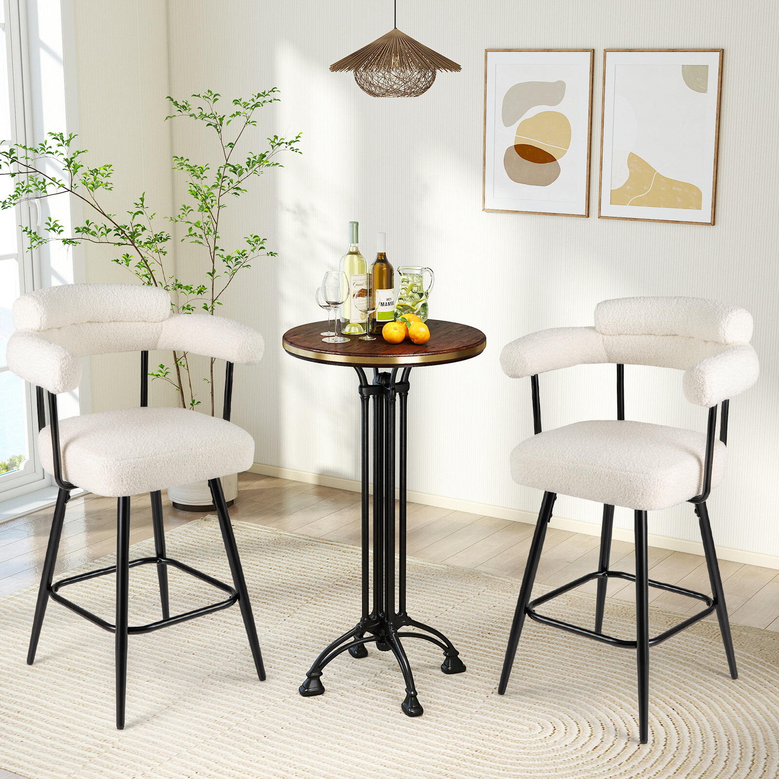 Pööratav baaritoolide komplekt, 2 baaritooli, kumera seljatoe ja käetugedega, valge