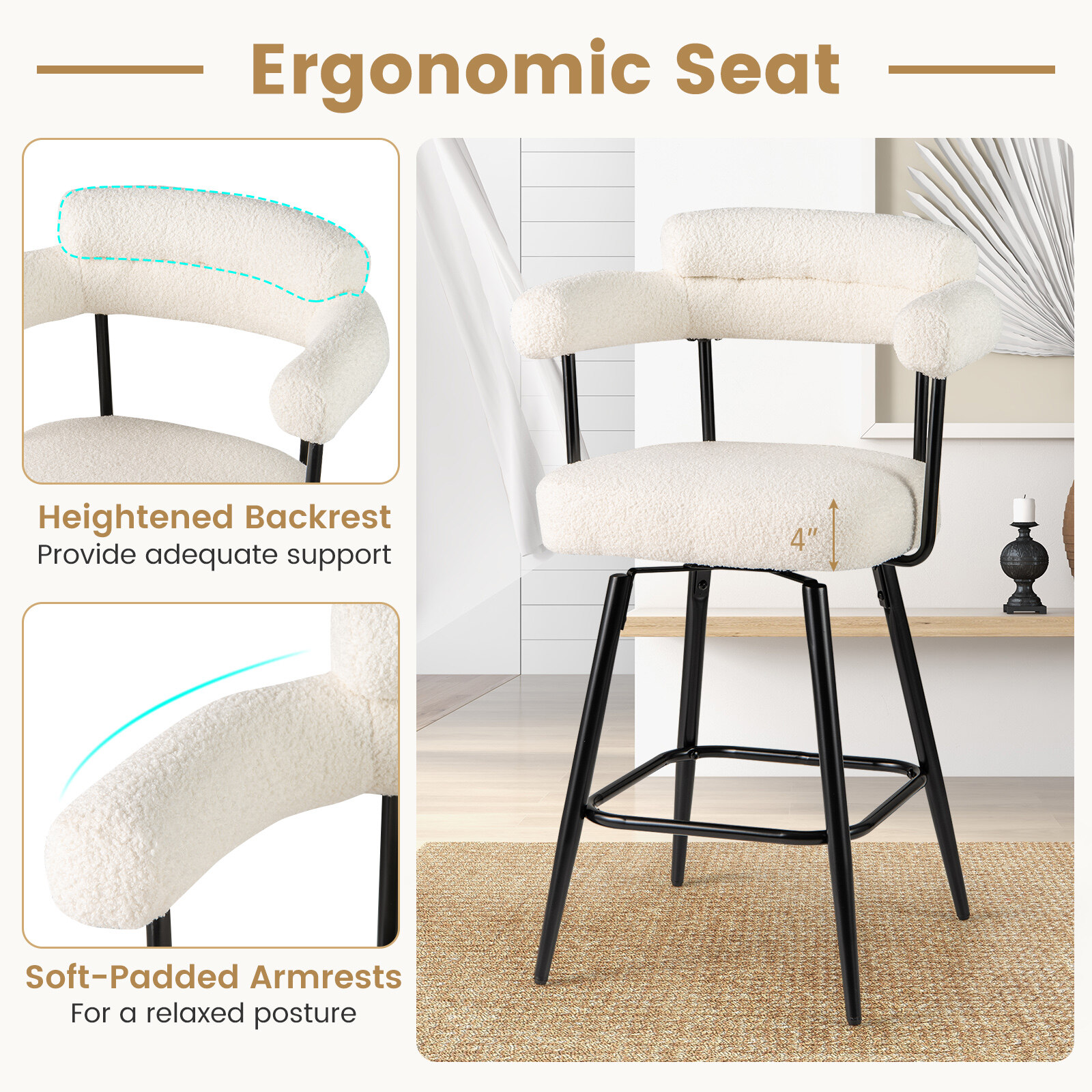Pööratav baaritoolide komplekt, 2 baaritooli, kumera seljatoe ja käetugedega, valge