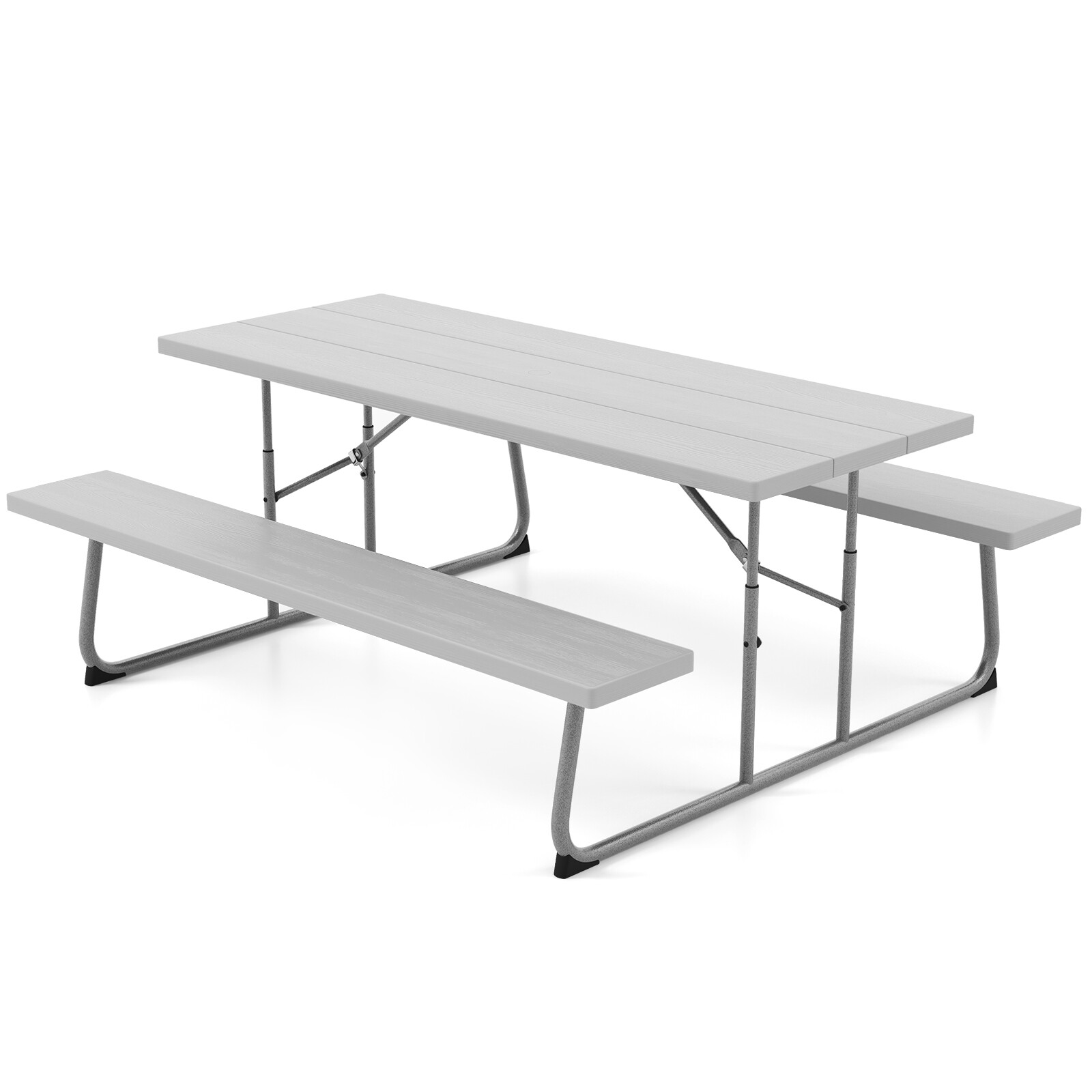 Kokkupandav piknikulaudade komplekt metallraami ja ilmastikukindla HDPE lauaplaadiga, vihmavarjuauguga - hall