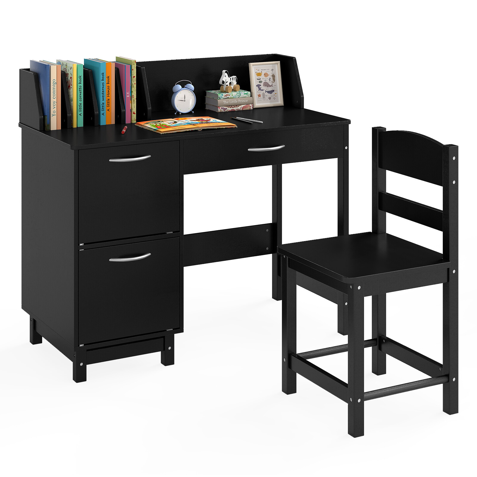 Costway Wooden Kids Study Desk and Chair Set Student Workstation-Black