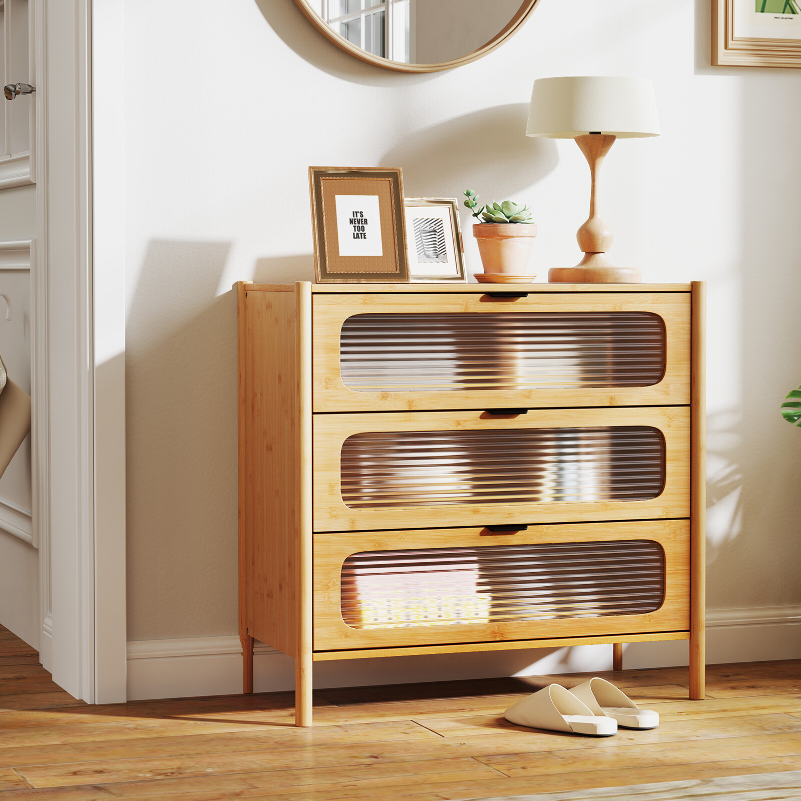 3 Drawer Mid Century Modern Chest of Drawers with Reeded Tempered Glass Front-Natural 3 Drawer Mid Century Modern Chest of Drawers with Reeded Tempered Glass Front-Natural