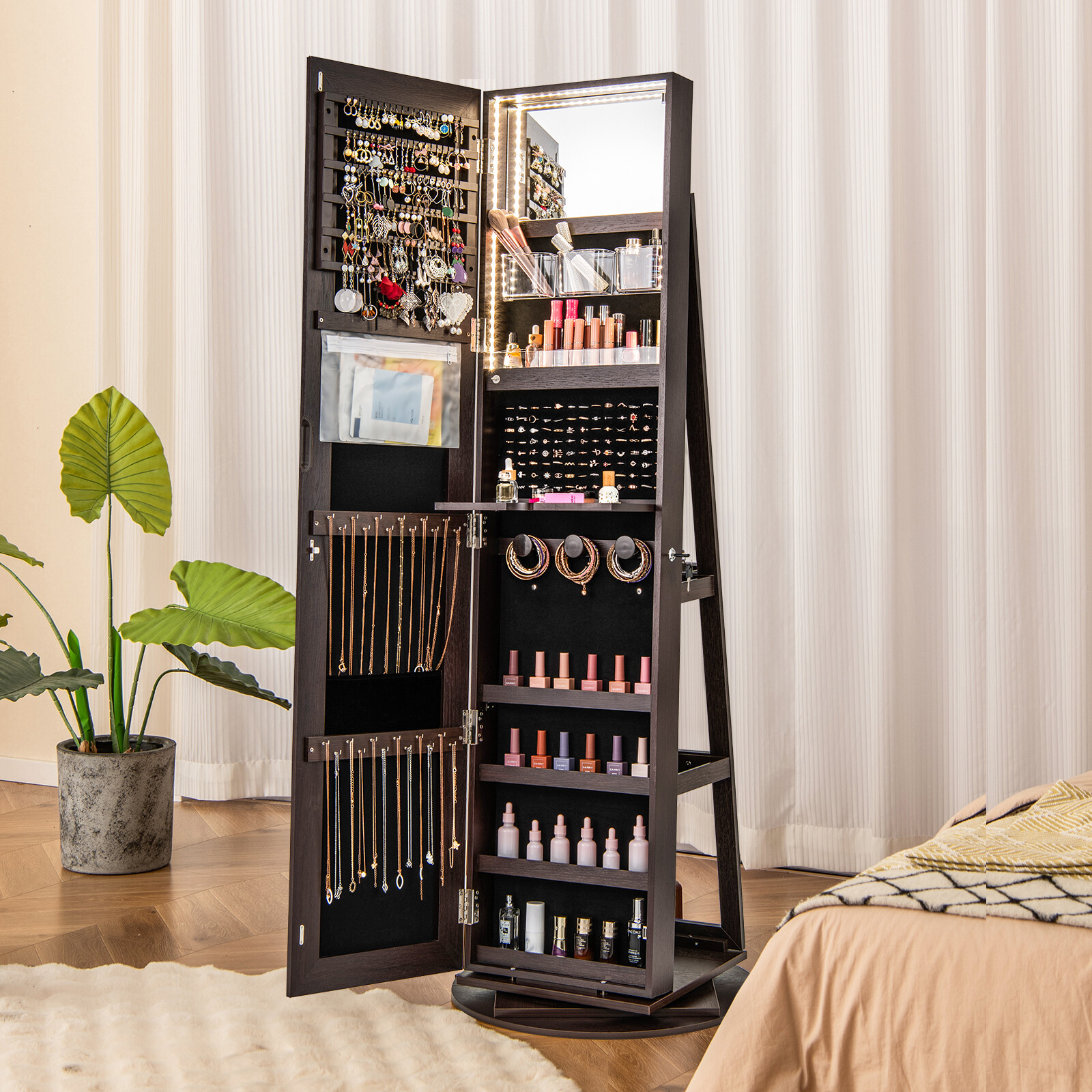 360° Rotating Mirrored Jewelry Cabinet Armoire 3 Color LED Modes Lockable-Espresso 360° Rotating Mirrored Jewelry Cabinet Armoire 3 Color LED Modes Lockable-Espresso