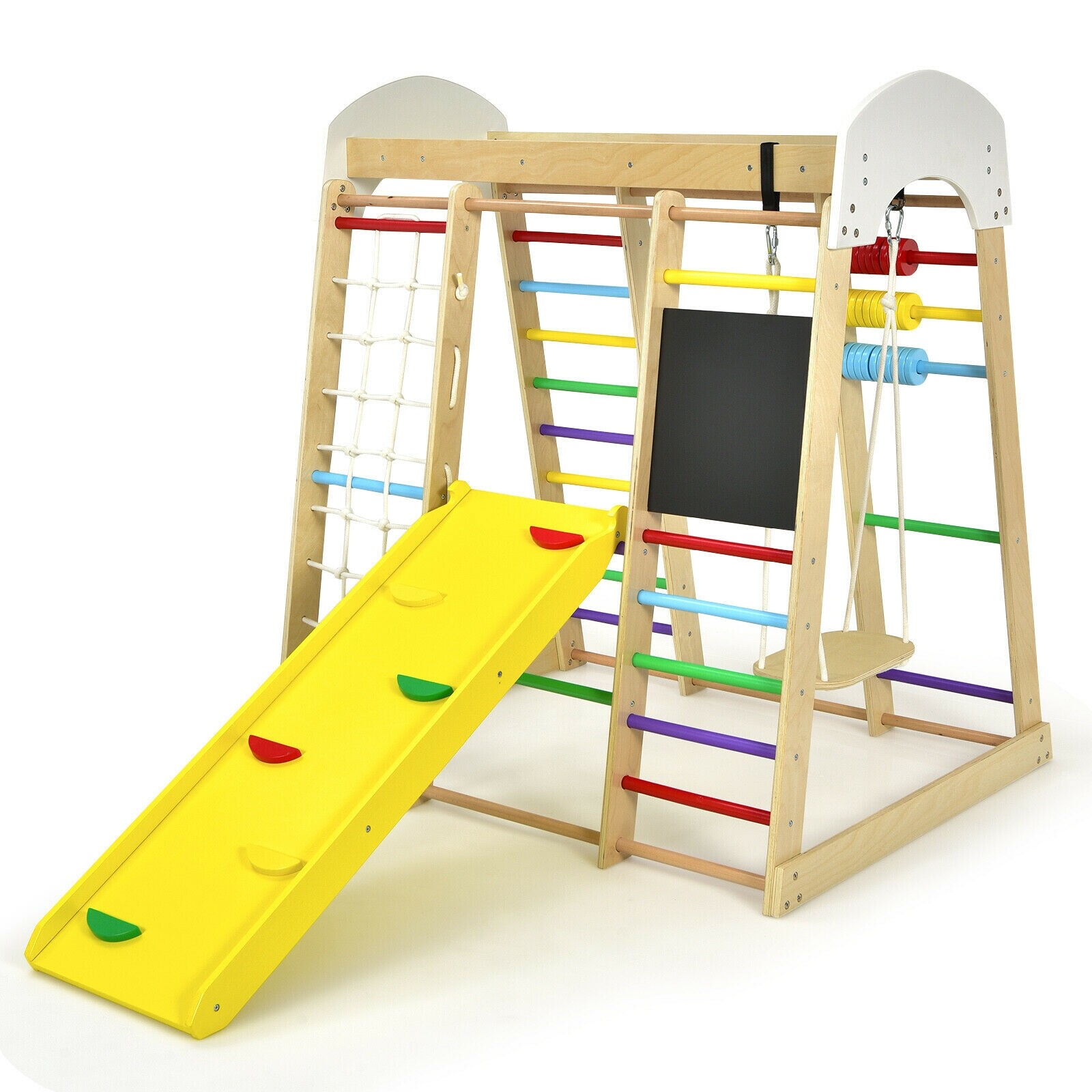 Siseruumides mänguväljak, ronimissaal, puidust 8-ühes ronimismängukomplekt lastele - mitmevärviline