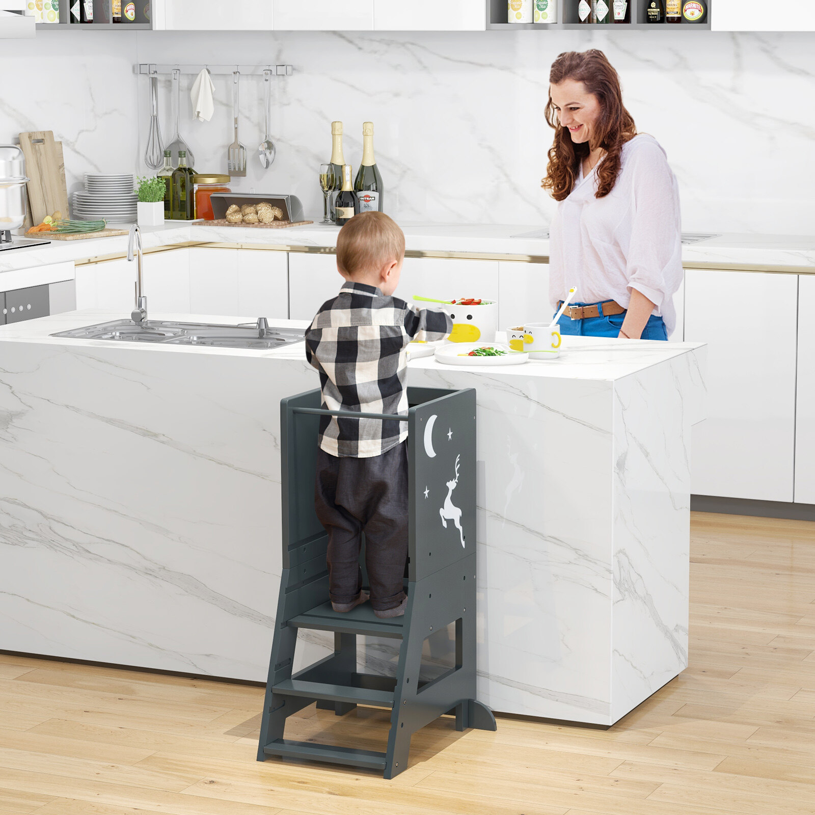 Toddler Kitchen Stool Helper Baby Standing Tower with Chalkboard and Whiteboard-Gray Toddler Kitchen Stool Helper Baby Standing Tower with Chalkboard and Whiteboard-Gray